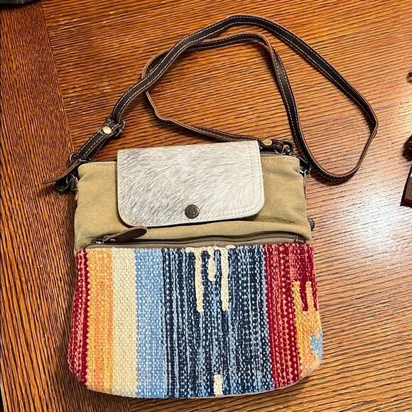 Myra Bag Tan,Red and Blue Crossbody with calf hair Bohemian Style - Picture 1 of 5